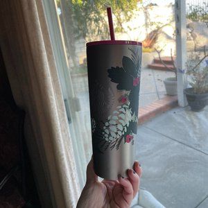 NWT Starbucks Limited Release Brushed Silver Stainless Steel Floral Holiday Cup